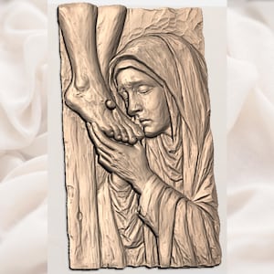 Virgin Mary Kissing Jesus Feet 3D Relief STL view 2