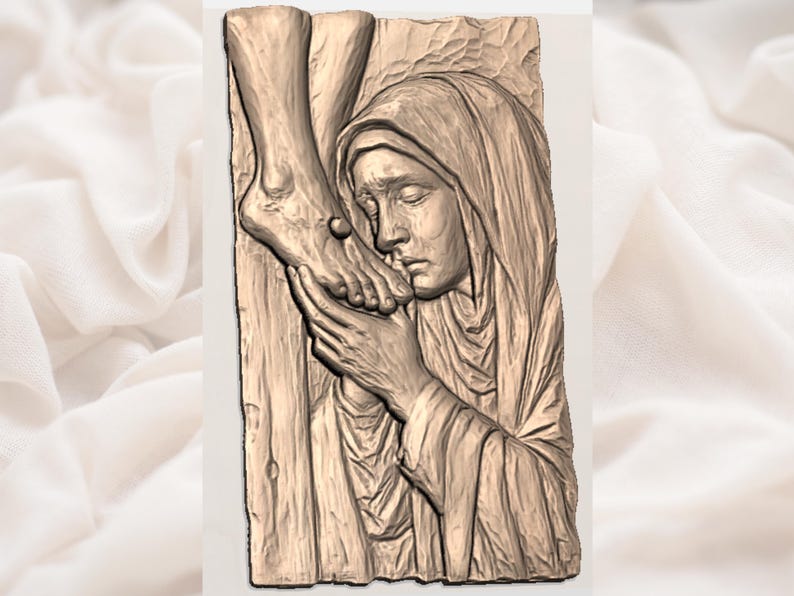 May include: A carved wooden relief sculpture depicting a figure in a draped head covering, embracing a foot. The sculpture is in shades of brown and beige, with detailed carving and a somber expression.