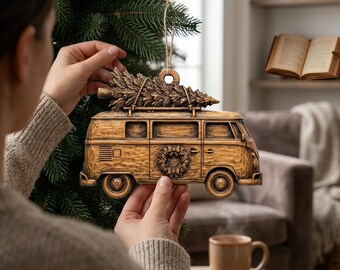 Vintage Christmas Camper Van Ornament CNC Relief STL | Holiday Bus Wood Carving Design | Festive Tree Topper Decor