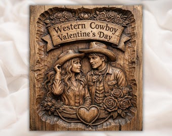 Western Cowboy Valentine’s Day 3D Relief STL  | Cowboy Couple Love Sign STL | Rustic Romance Wall Plaque | Roses Heart Frame