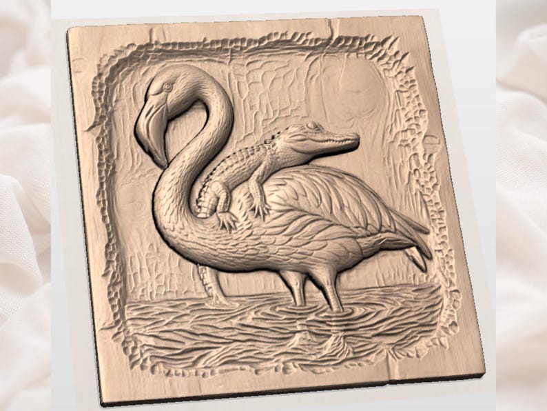May include: A wooden carving depicts a flamingo with an alligator on its back, set against a textured background. The flamingo stands in water, and the carving is framed by a detailed border. The artwork is in shades of brown and tan.