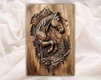Wildes Pferd 3D Relief STL | CNC-Fräser-Holzschnitzdatei | Bergwald Pferd Wall Art Panel | Rustikale Western Cabochon Dekoration