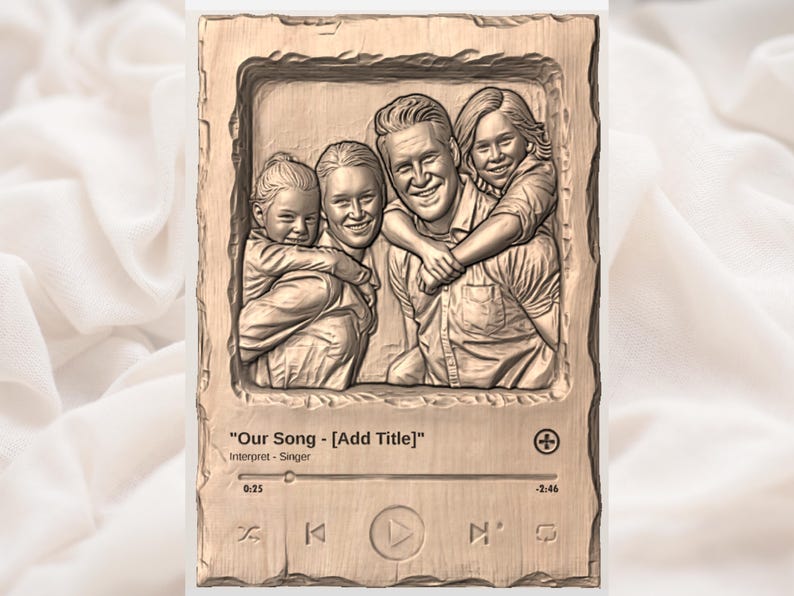 May include: A rectangular, bronze-colored plaque featuring a family portrait in a carved, bas-relief style. The image includes a father, mother, and two children. The plaque also includes a music player interface with the text "Our Song - [Add Title]" and song details.