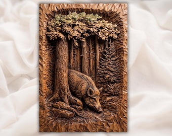 イノシシの森のレリーフSTL｜素朴な森の動物の壁飾り｜狩猟小屋の装飾｜手彫りの木目調ネイチャーパネル