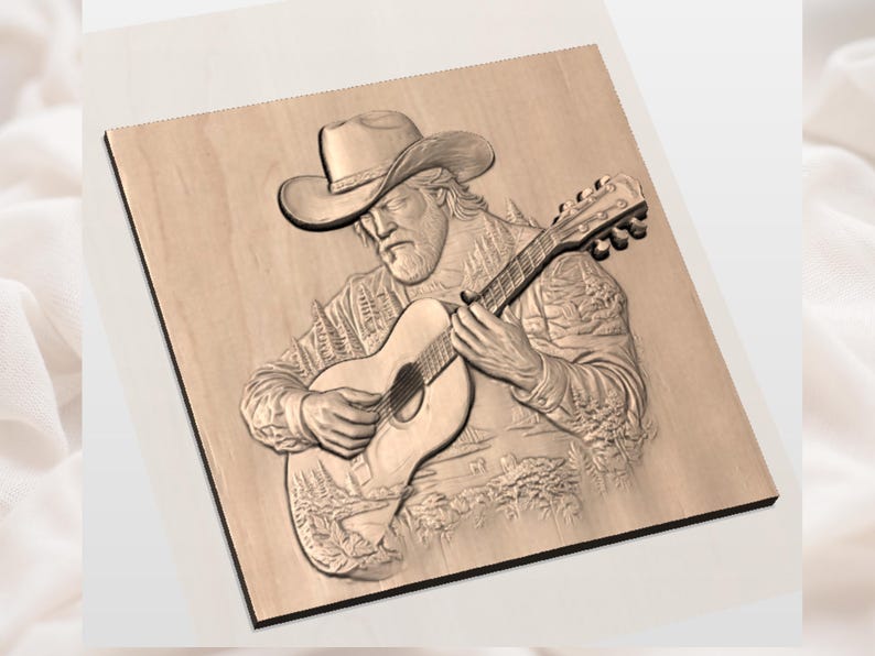 May include: Wooden relief carving of a man playing a guitar, wearing a cowboy hat. The carving is detailed, showing the man's face, clothing, and the guitar's features. The background is a light wood color.