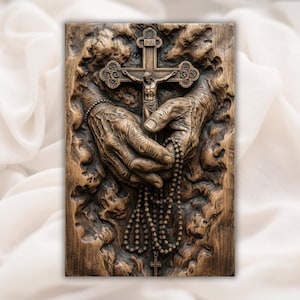 Hands Holding Cross & Rosary 3D Relief STL view 1