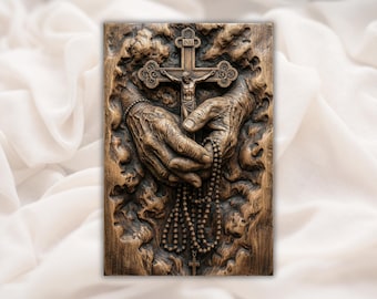 Hands Holding Cross & Rosary 3D Relief STL | Religious Wall Plaque Wood Grain Carving | CNC Router, 3D Print, Laser| Home Decor