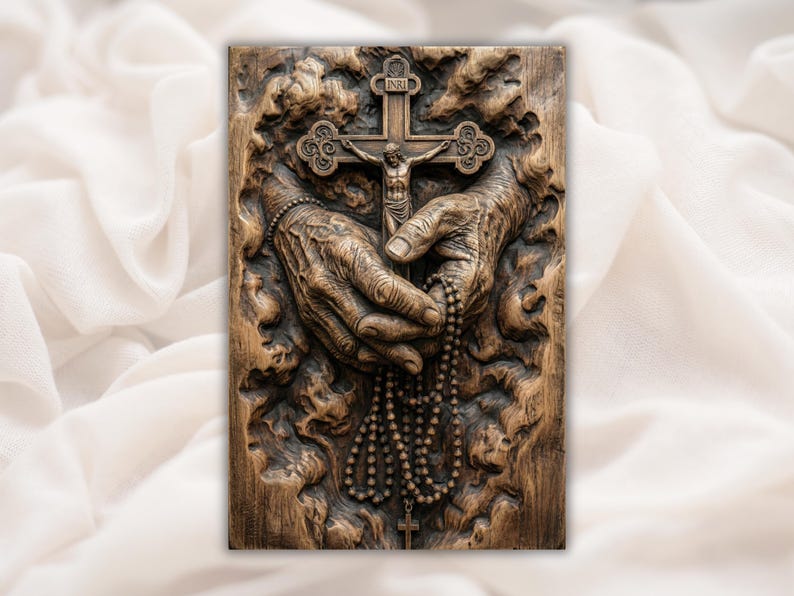 Hands Holding Cross & Rosary 3D Relief STL