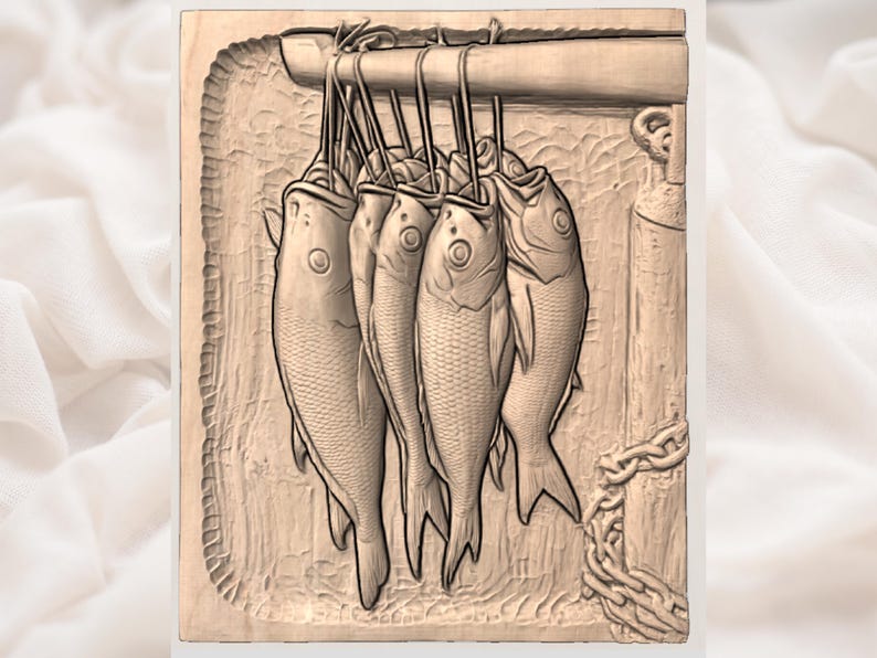 May include: A wooden carving depicts five fish hanging from hooks on a wooden beam. The fish are detailed with scales and fins, and the carving has a textured, rustic appearance. A chain is carved on the right side of the wooden panel.