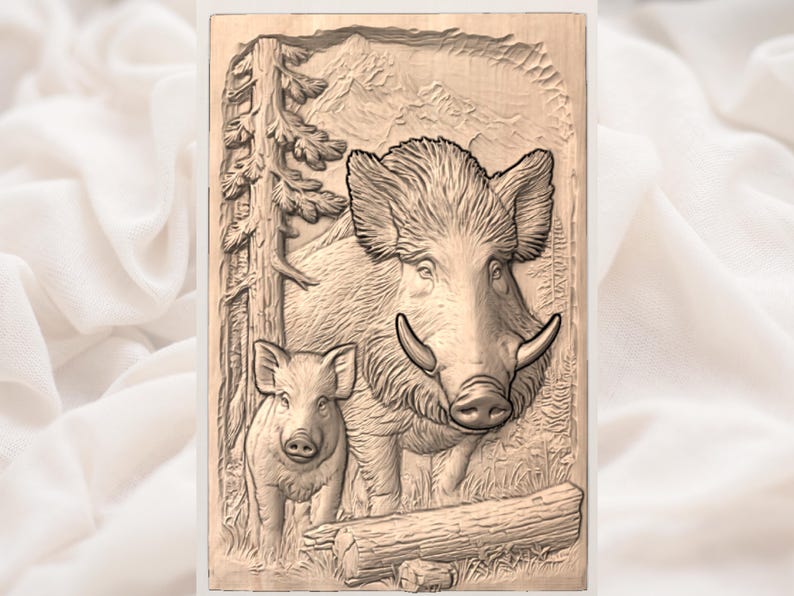 May include: A detailed wood carving depicts a wild boar with large tusks and a smaller piglet. The artwork includes a tree, a log, and a mountain backdrop, all rendered in shades of brown. The carving showcases a rustic, natural theme.