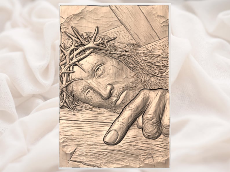 Peut inclure: Illustration s&eacute;pia d'une personne portant une couronne d'&eacute;pines, avec une main pointant vers le spectateur. L'&oelig;uvre est un gros plan, centr&eacute; sur le visage et la main, avec une croix en bois en arri&egrave;re-plan.
