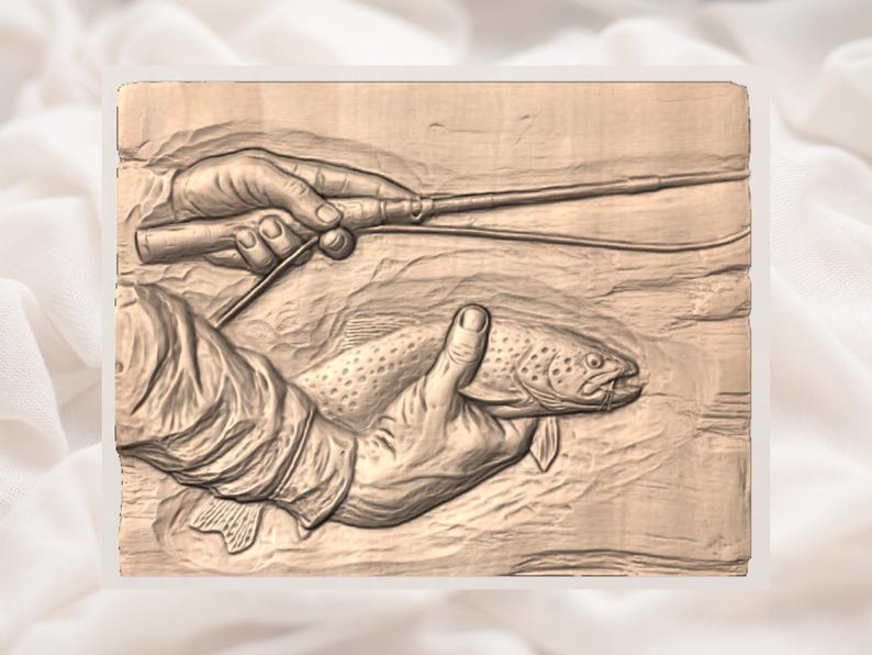 May include: A wooden relief carving of a fisherman holding a trout. The carving shows the fisherman's hands, fishing rod, and the fish in detail. The trout has visible spots and is held in the fisherman's hands. The background shows water.