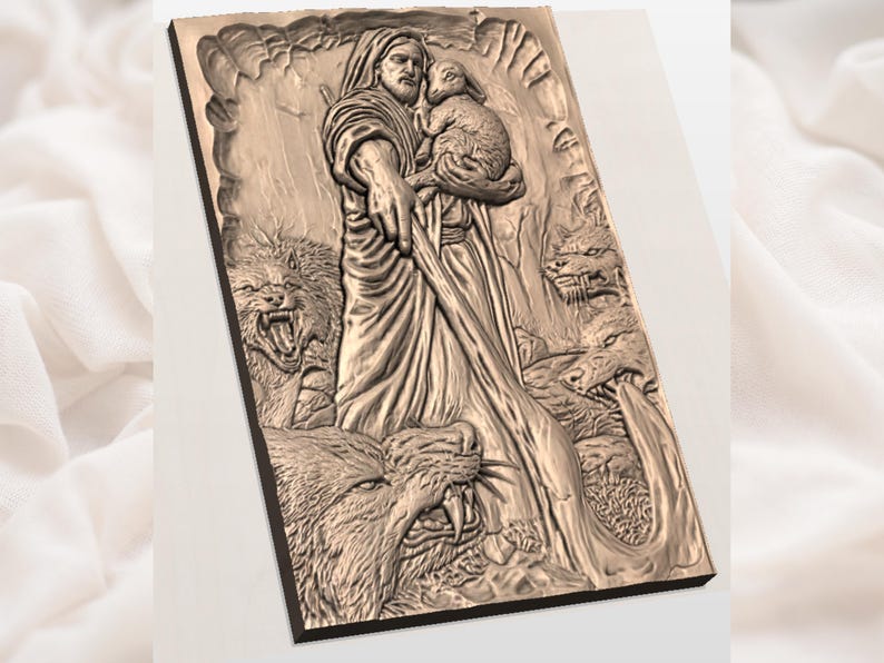 May include: A detailed relief carving depicts a figure holding a lamb, surrounded by lions and wolves. The artwork is rendered in a warm, bronze-like tone, with intricate details in the clothing and animal forms. The rectangular plaque is a religious-themed decorative piece.