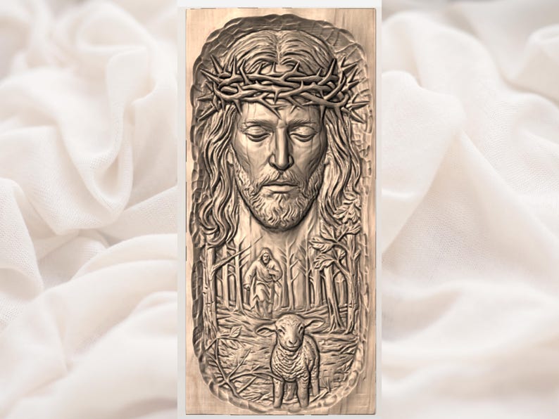 May include: A wooden relief carving depicting a serene figure wearing a crown of thorns. The carving features a detailed face, long hair, and a beard. Below, a scene with a lamb and a figure in a forest is carved into the wood.
