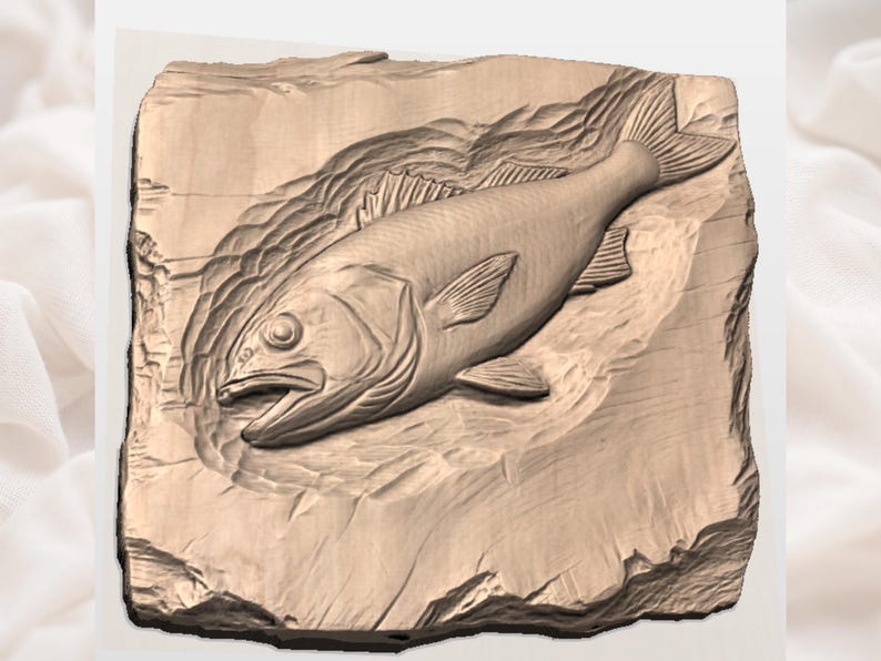 May include: A carved wooden relief sculpture of a fish. The fish is depicted with an open mouth and detailed fins. The sculpture is set against a textured, rectangular background. The wood has a natural tone, with visible grain.