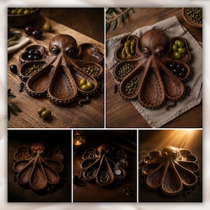 Puede incluir: Una bandeja de madera con forma de pulpo con m&uacute;ltiples compartimentos, llena de aceitunas y alcaparras. La bandeja es de color marr&oacute;n oscuro y se encuentra sobre una superficie de madera. Los tent&aacute;culos forman las secciones de servicio.