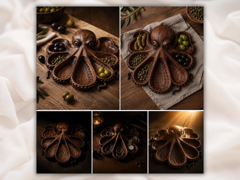 Puede incluir: Una bandeja de madera con forma de pulpo con m&uacute;ltiples compartimentos, llena de aceitunas y alcaparras. La bandeja es de color marr&oacute;n oscuro y se encuentra sobre una superficie de madera. Los tent&aacute;culos forman las secciones de servicio.