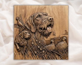 Hunting Dog Portrait 3D Relief STL | Wirehair Bird Dog & Quail Upland Scene Panel | CNC Router, 3D Print, Laser Engrave | Home Decor