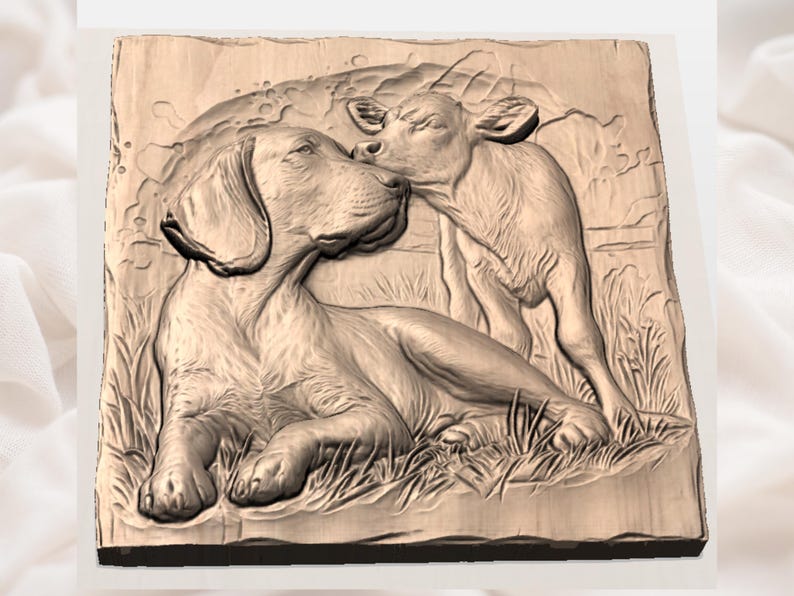 May include: A wooden relief carving depicts a dog and a calf in a pastoral scene. The dog is lying down, and the calf is nuzzling its face. The carving is in shades of brown and beige, with details of grass and a background.