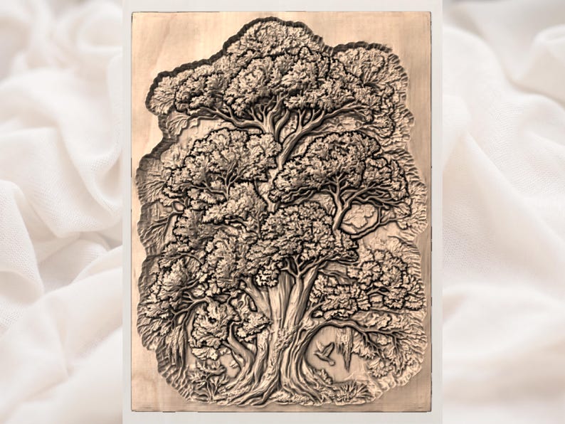 May include: A detailed, sepia-toned relief carving of a large tree with a full canopy and intricate branches. The artwork is mounted on a rectangular wooden panel, showcasing the texture and depth of the carving. The tree's roots and surrounding foliage are also carved.