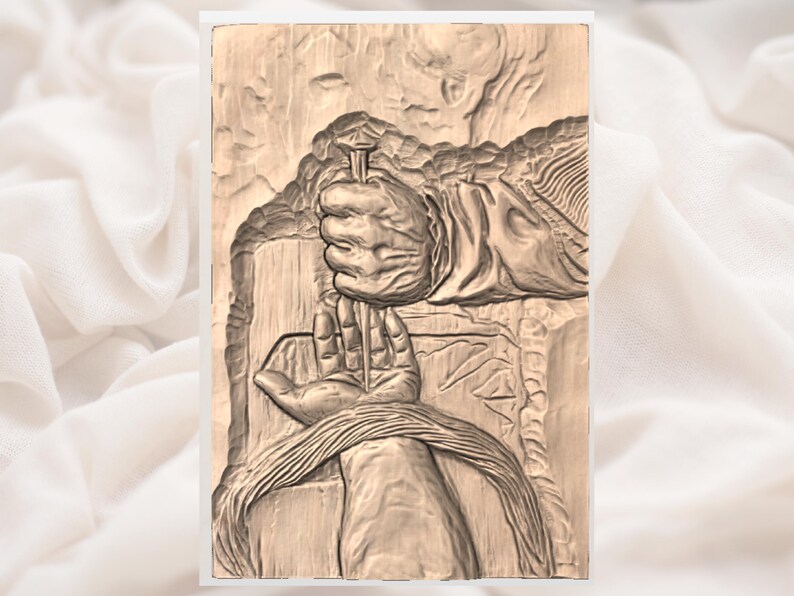 May include: A detailed wood carving depicts a hand hammering a nail into another hand. The artwork is in a sepia tone, with visible wood grain and texture. The carving is set against a soft, white background.
