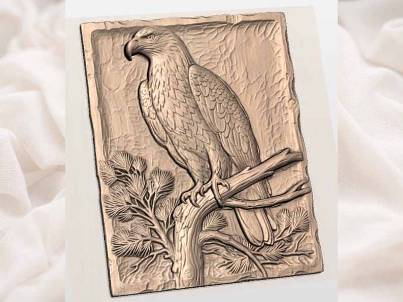 May include: A detailed relief carving of an eagle perched on a tree branch. The artwork is rendered in shades of brown and features intricate details of the bird's feathers and the tree's texture. The eagle is facing left, with a strong, focused gaze.