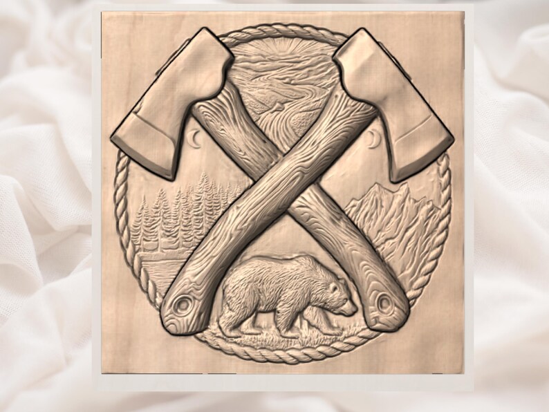 3D bas-relief CNC wood carving design featuring crossed axes over a rustic wilderness scene. Detailed elements include a grizzly bear, pine forest, and jagged mountains under a rising sun and crescent moons. Encased in a circular rope border with rich wood grain texture and deep carving depth. Ideal STL file for CNC router woodworking, 3D printing, or laser engraving to create outdoor-themed wall decor, lumberjack gifts, and high-detail artisan carvings.