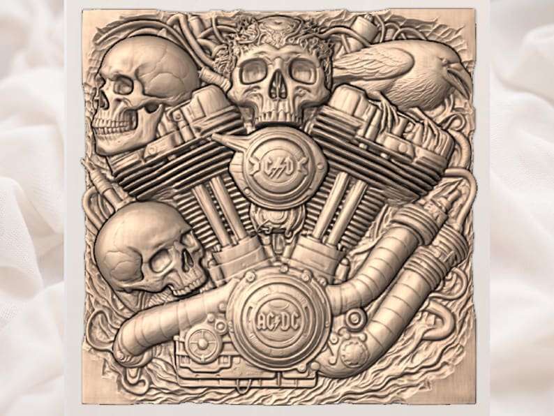 May include: A detailed relief carving featuring a motorcycle engine design, skulls, and a raven. The central element is a stylized engine with the letters "AC/DC" on the casing. The artwork is in shades of brown and tan.