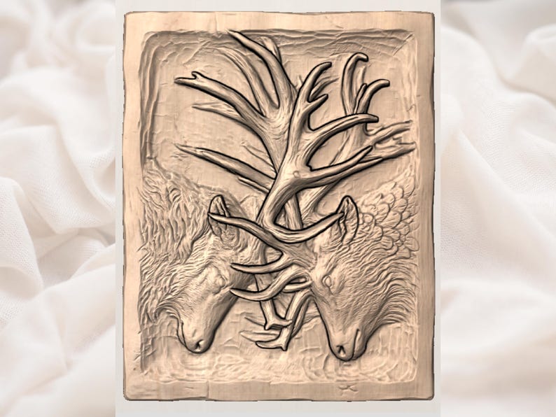 May include: A rectangular, wooden relief carving featuring two deer heads facing each other, with their antlers intertwined. The carving is in a natural wood tone, with detailed textures and shadows, creating a three-dimensional effect.