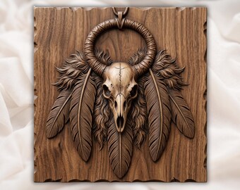 Tribal Shaman Skull and Feathers CNC Relief STL | Rustic Woodland Trophy Wall Art | Native Spirit Totem Wood Carving
