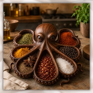 Puede incluir: Un especiero decorativo de madera con forma de pulpo, lleno de varias especias. El especiero tiene compartimentos que contienen especias amarillas, rojas, verdes y blancas, adem&aacute;s de granos de pimienta negra y an&iacute;s estrellado. El especiero es marr&oacute;n y descansa sobre una superficie de madera.