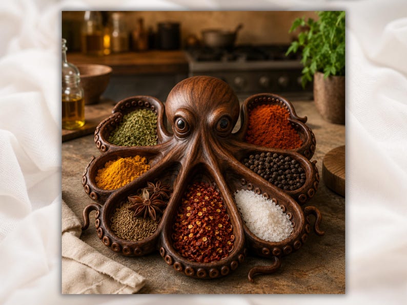 Puede incluir: Un especiero decorativo de madera con forma de pulpo, lleno de varias especias. El especiero tiene compartimentos que contienen especias amarillas, rojas, verdes y blancas, adem&aacute;s de granos de pimienta negra y an&iacute;s estrellado. El especiero es marr&oacute;n y descansa sobre una superficie de madera.