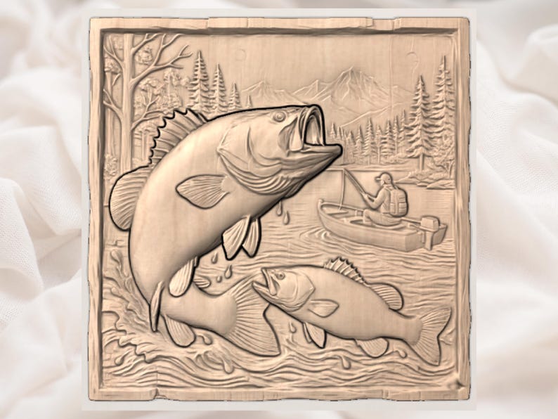 May include: A wooden relief carving showing a fishing scene. Two large fish leap from the water, with a fisherman in a boat in the background. Trees and mountains complete the outdoor setting. The carving is in shades of brown.