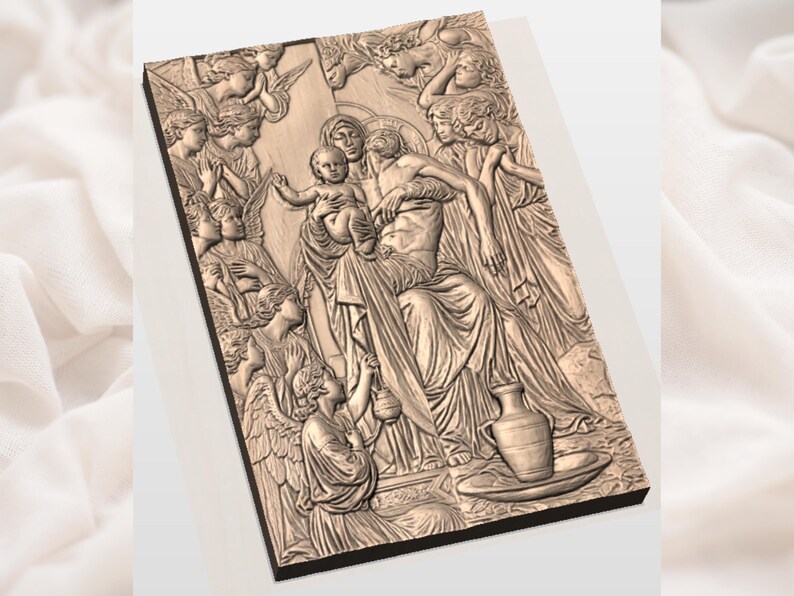 May include: A detailed relief carving depicting a religious scene with multiple figures, including angels, a baby, and draped figures. The artwork is carved in a light brown color and mounted on a dark brown rectangular base. The scene includes a vase and a basin.