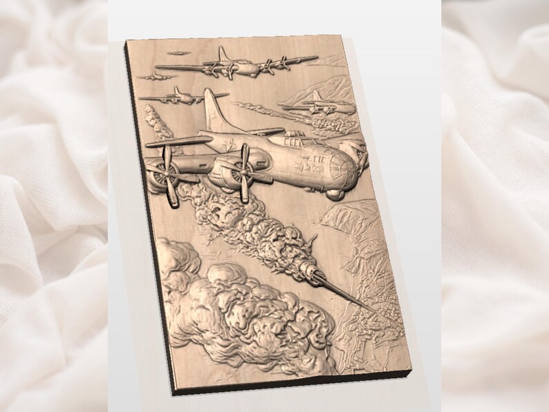 May include: A wooden relief carving depicting several vintage airplanes in flight, with detailed propellers and a cloud of smoke. The artwork is in shades of brown and beige, showcasing a historical aviation theme.