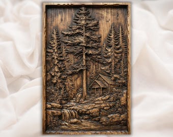 Skogsstugalandskap 3D-relief STL | Natur CNC-fräs träsniderifil | Rustik stuga basrelief väggkonst | Heminredning