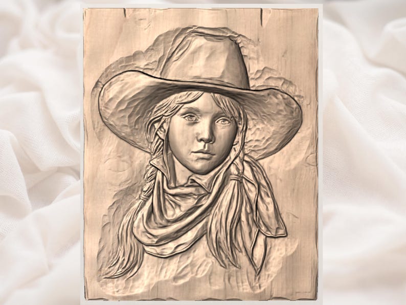 May include: A wooden relief carving of a young person wearing a wide-brimmed hat and a scarf. The carving is detailed, showing the person's face, hair in braids, and the texture of the wood. The artwork is a portrait, likely a decorative piece.