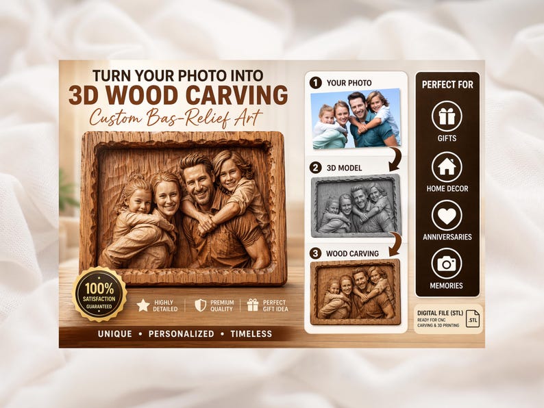 Custom 3D Bas Relief Portrait – Personalized STL File for CNC & Printing, Aspire