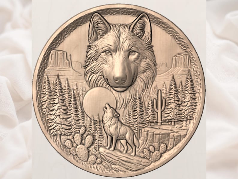 May include: A detailed, circular relief carving featuring a wolf's head and a howling wolf in a desert landscape. The design includes pine trees, cacti, and a full moon, all rendered in a warm, earthy tone.