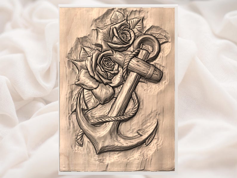 May include: A wooden carving of an anchor entwined with rope and two roses. The anchor has a crossbar and ring, and the roses have detailed petals and leaves. The carving is set against a light background.