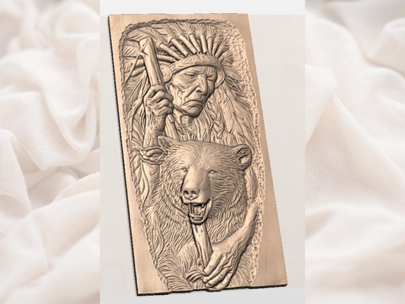 May include: A detailed wood carving depicts a Native American chief with a feathered headdress, holding a staff, and embracing a bear. The relief carving is in shades of brown and tan, showcasing intricate details and textures.