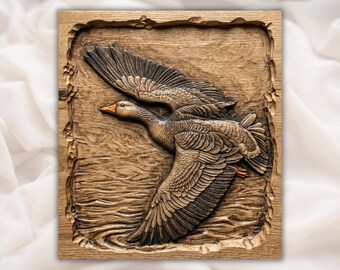 Flying Goose Relief STL | CNC Router 3D Carving Model | Waterfowl Wood Grain Bas Relief Panel | Rustic Cabin Wall Art | 3D Print / Laser