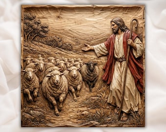 Good Shepherd Jesus 3D Relief STL | Shepherd With Sheep Christian CNC Router Wood Carving Panel | Bible Scene Bas-Relief | 3D Print STL File