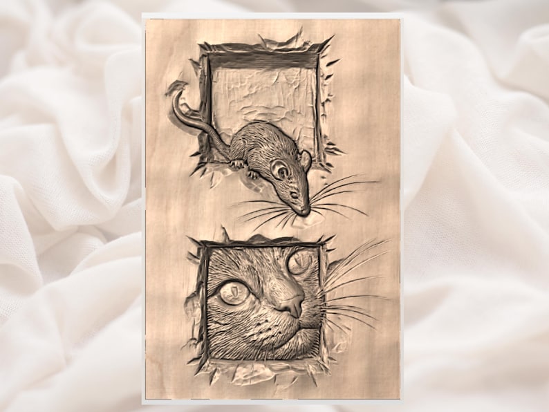 May include: A wooden carving depicting a rat emerging from a square aperture above a cat's face. The rat has long whiskers and a curved tail. The cat's eyes are wide, and its whiskers are visible. The carving is set against a light background.