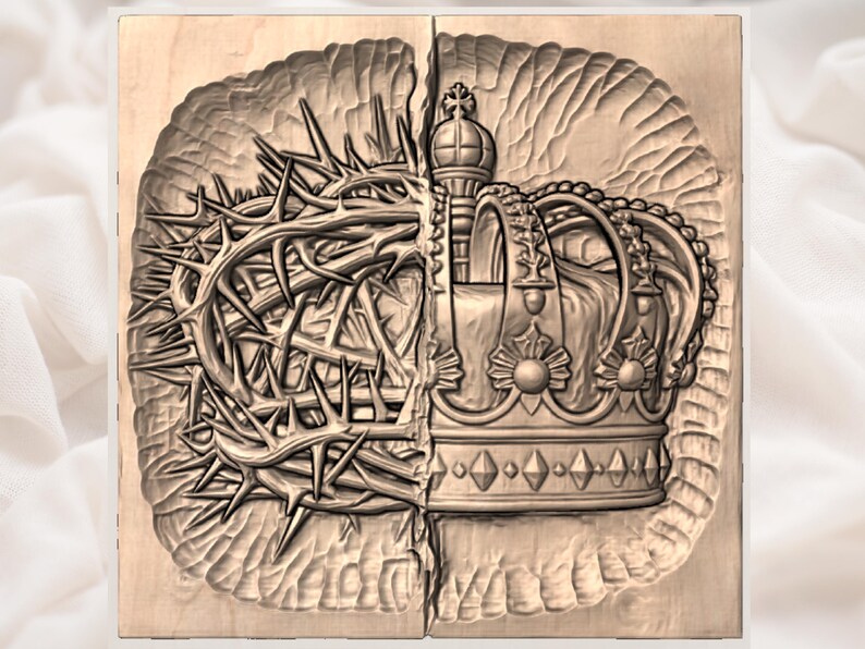 May include: A wooden carving depicting a crown of thorns and a royal crown. The left side features a detailed crown of thorns, while the right side showcases an ornate crown with intricate details. The carving is set against a light background.