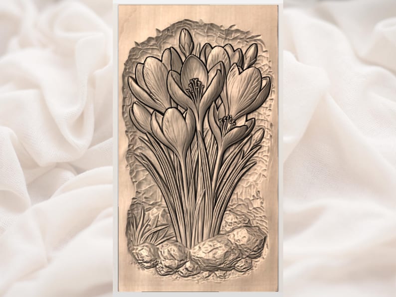 Krokusblommor 3D-relief STL | Blommig CNC-fräs träsniderifil | Vårblommande basrelief väggkonst bild 3