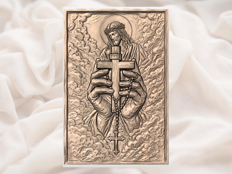 May include: A sepia-toned relief carving of Jesus holding a cross and rosary beads. Jesus is depicted with a halo and a crown of thorns. The cross has the letters INRI. The background features a cloud-like design.