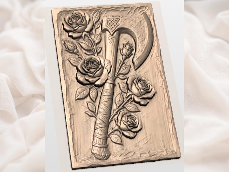 May include: A carved wooden plaque featuring a detailed relief of a battle axe intertwined with roses and leaves. The axe has a wrapped handle and a curved blade. The roses are in full bloom, and the overall color is a warm brown.