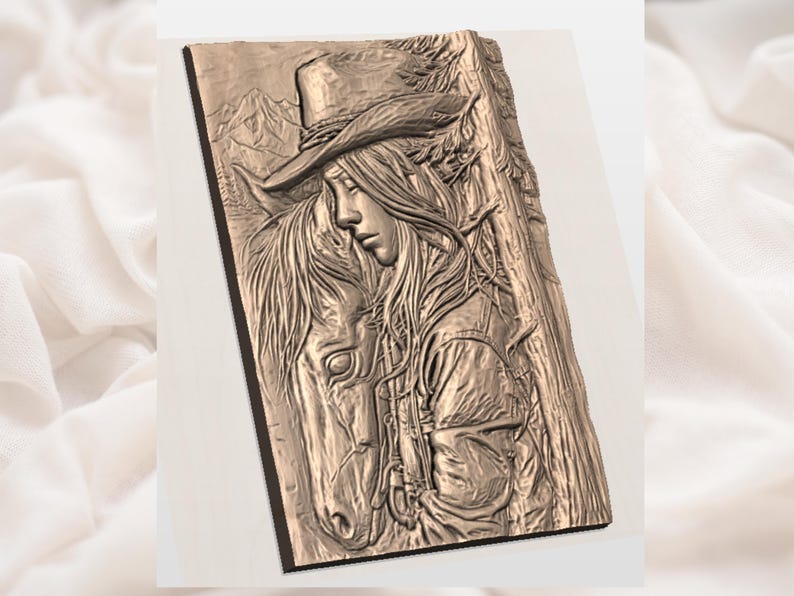 Cowgirl och häst 3D-relief STL-fil | CNC-snideri av västerländsk kvinna | Väggkonstpanel med ranchmotiv | Aspire, VCarve Pro, Carveco, Fusion 360, ArtCAM bild 2
