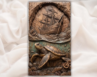 Sea Turtle Ship STL| Pirate Ship Wall Art | Ocean CNC File | Nautical Wood Carving |Sailing Ship Relief | Coastal Decor STL| Marine Wood Art